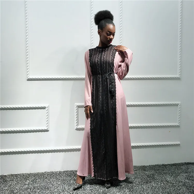 

New fashion pink black Muslim lace evening dress, Pink with black