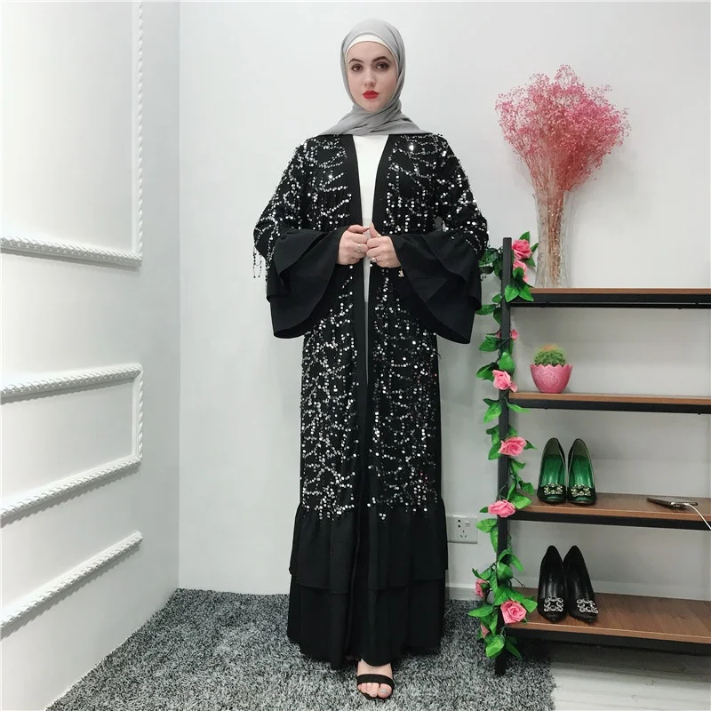 

Fashion Kaftan Abaya Kimono Robe Caftan Ramadan Turkish Dubai Muslim Dress Abayas For Women Sequins Islamic Clothing, Black