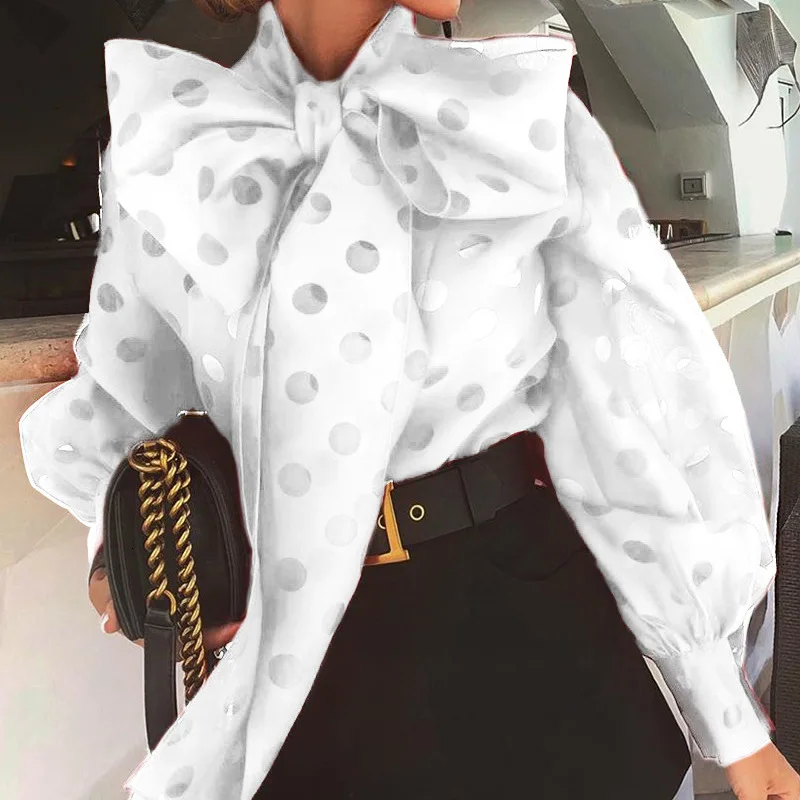 

2020 spring new fashion lantern sleeve wave point bow-tied long sleeve shirt blouse, Yello/white/red/ customzied