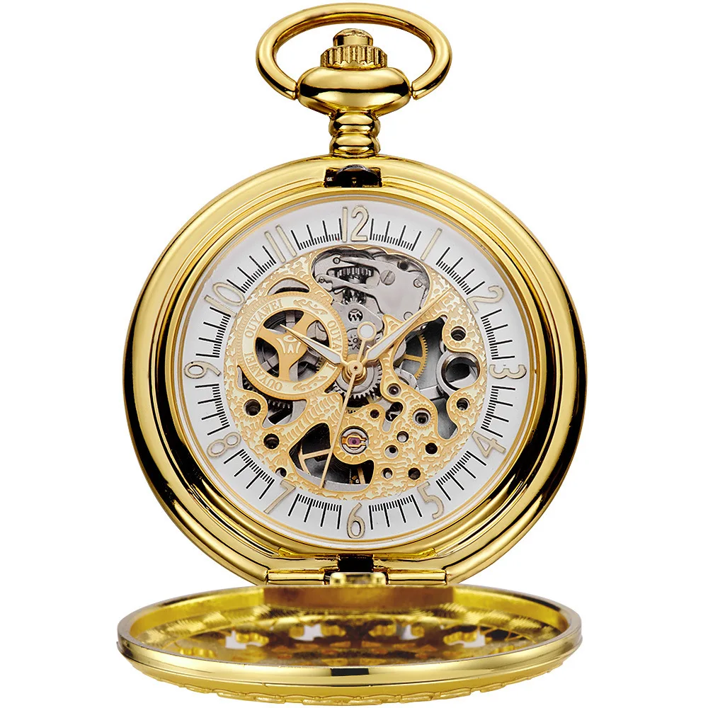 

Mechanical skeleton pocket watch with chain mens japan movt stainless steel pocket watch