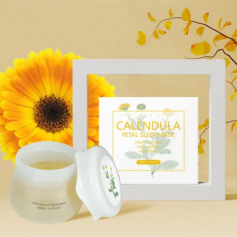 

OEM Wholesale Organic Cosmetic Beauty Moisturizing Hydrating Brightening Flower Wxtract Sleeping Calendula Jelly Facial Mask