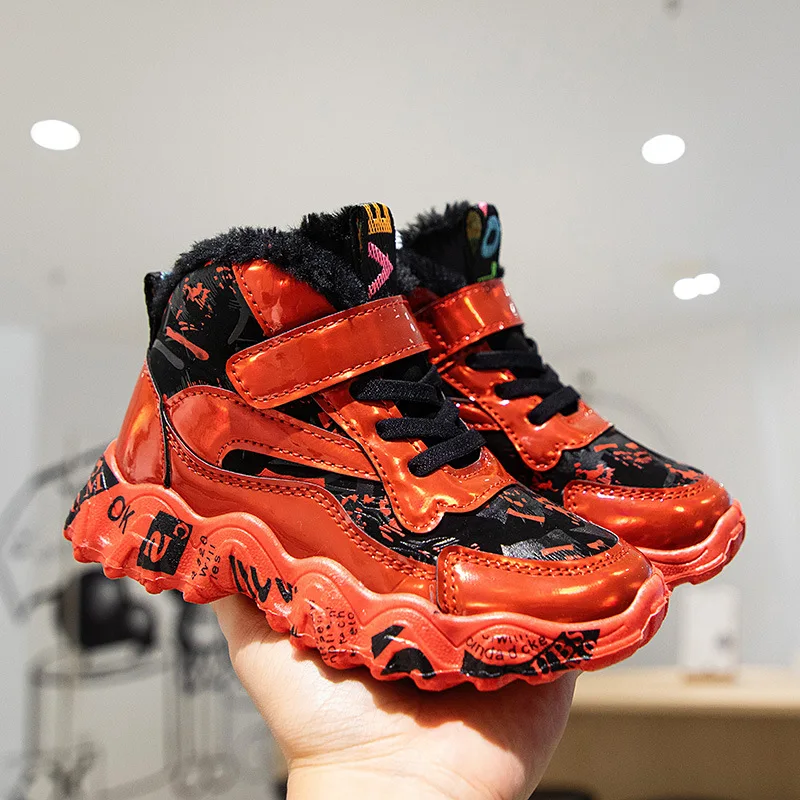 

Winter Leather Kids's Cotton Shoes Magic Paste Velvet Thicken Big Boys' Sneakers Girls Warm Trend
