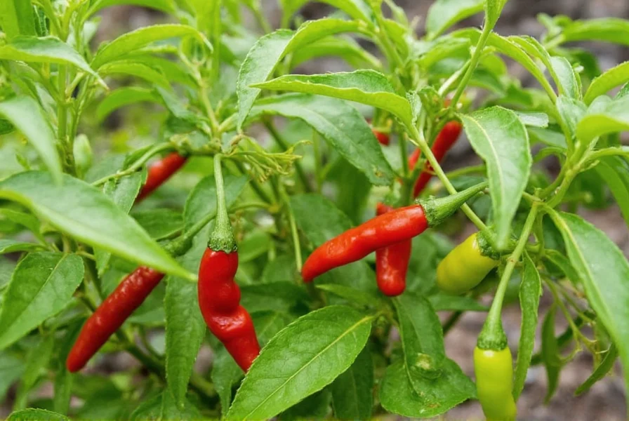 Southwest pepper plants growing in garden with red and green chiles visible on branches