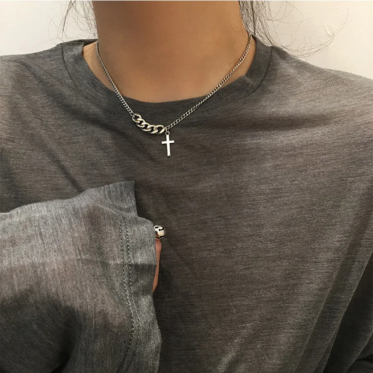 

JUHU Explosion style simple niche punk style cross clavicle chain retro short chain sweater chain for women gift, Sliver