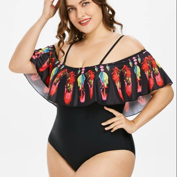 

Custom Ruffled Padded Swimwear One Piece Off Shoulder Tropical Leaves Swimwear Women Fat Sexy Plus Size Swimwear Women