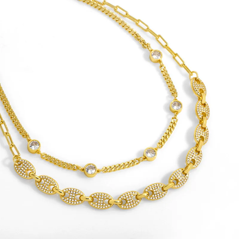 

High Quality 18k Gold Plated Micro CZ Pave Pig Nose Necklaces Real Gold Plated Crystal Rhinestone Link Chain Bracelet