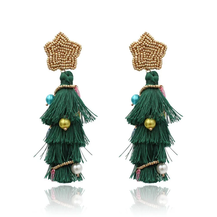 

wholesale creativity personality earrings custom hand-woven rice bead green christmas tree tassel earrings