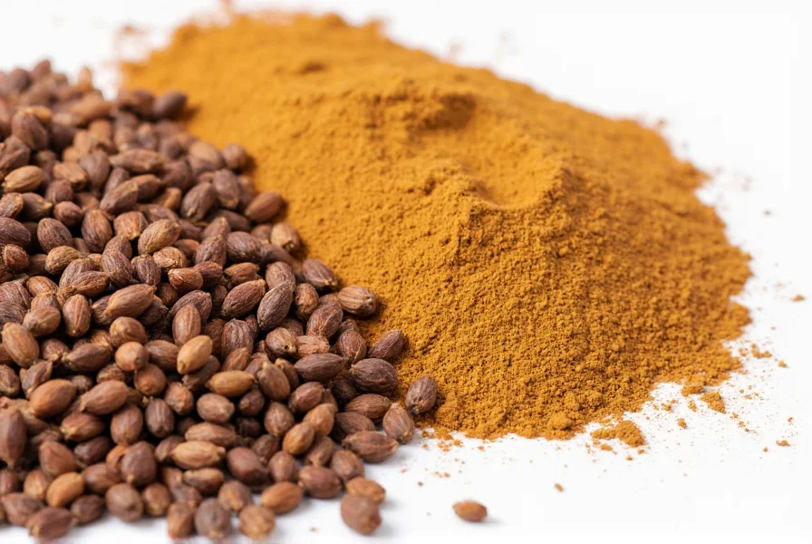 Close-up of whole cumin seeds next to ground cumin powder showing texture difference