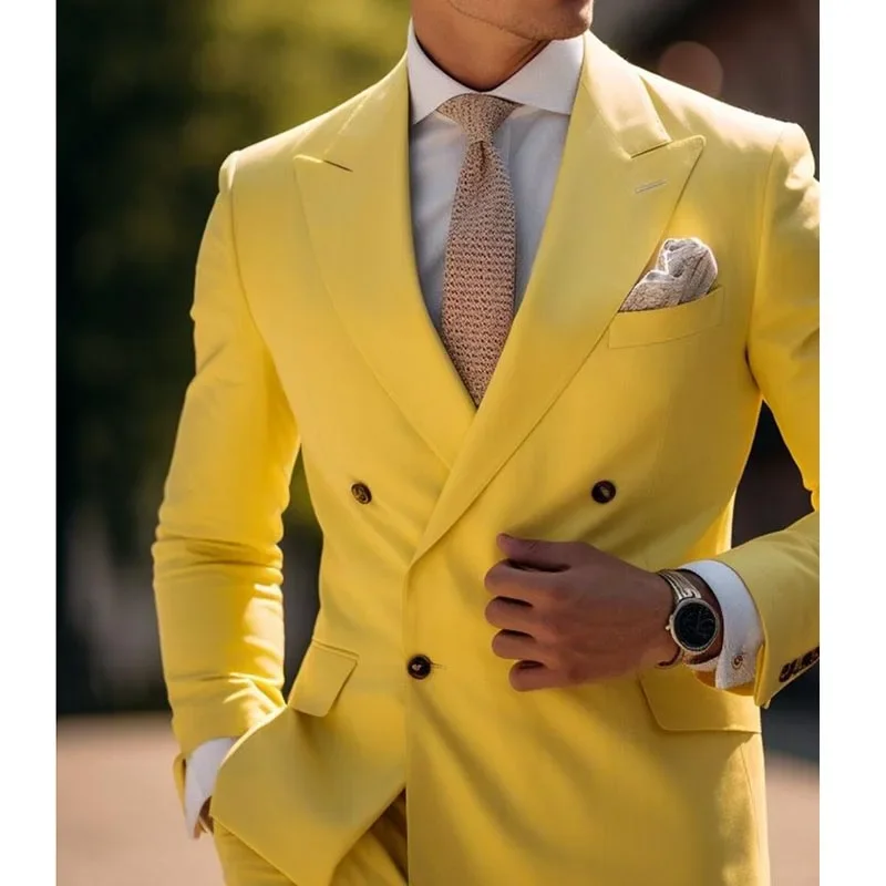 Custom Yellow Men Suits Double Breasted Peaked Lapel Regular Length 2 Piece Jacket Pants Blazer Evening Party Costume Homme