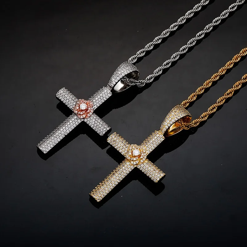 

Five Row Cross Pendant Necklace With Rose Flowers Iced Out Bling Cubic Zircon New copper pendant Hip Hop Rock fashion jewelry Ac, Color,silver golden