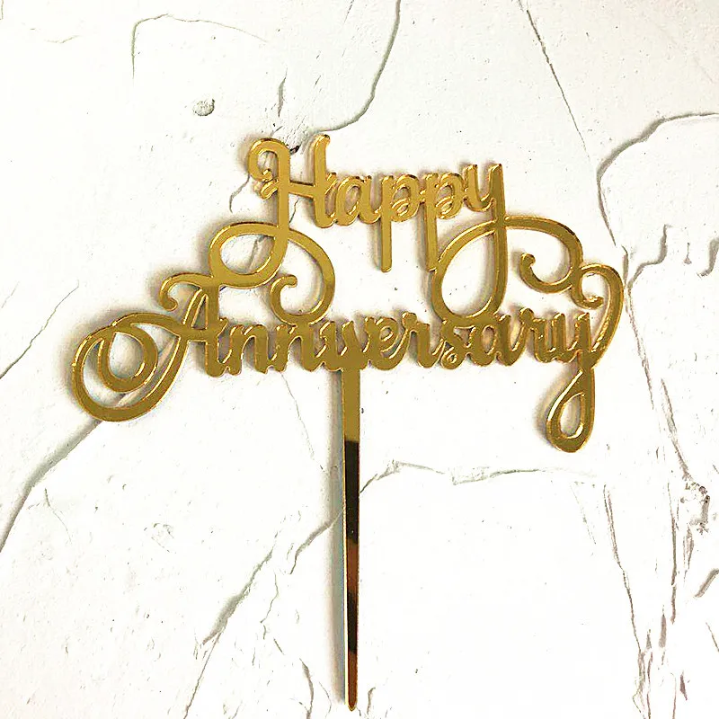

New Acrylic Happy Anniversary cake toppers for Baking Party Supplies Cupcake Plugin Gold Silver Happy Anniversary Cake Toppers