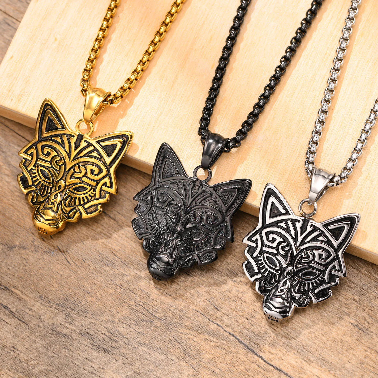 Stainless Steel Wolf Head Pendant Gold Black Men's Necklace Jewelry