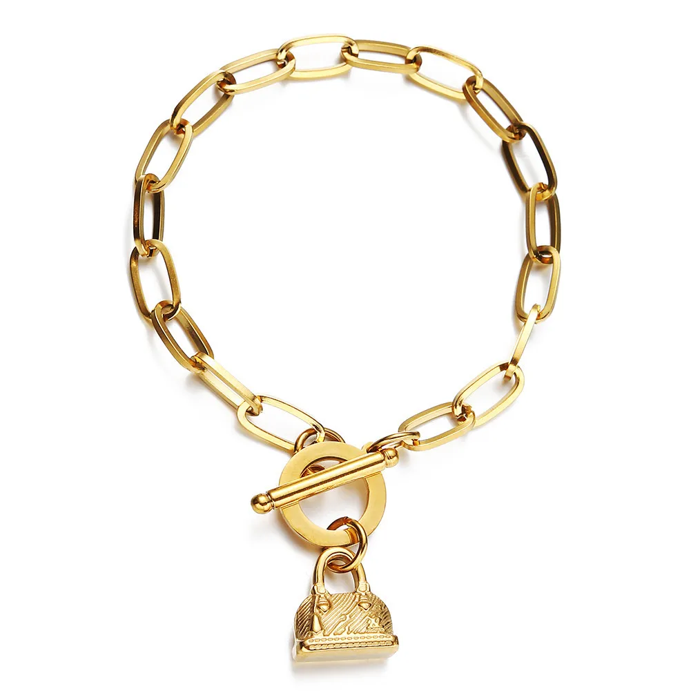 

2021 Hips Pops 18K Gold Plating Square Link Chain Handbag Pendant Bracelet OT Stainless Steel Clasp Bag Charm Bracelet for Women