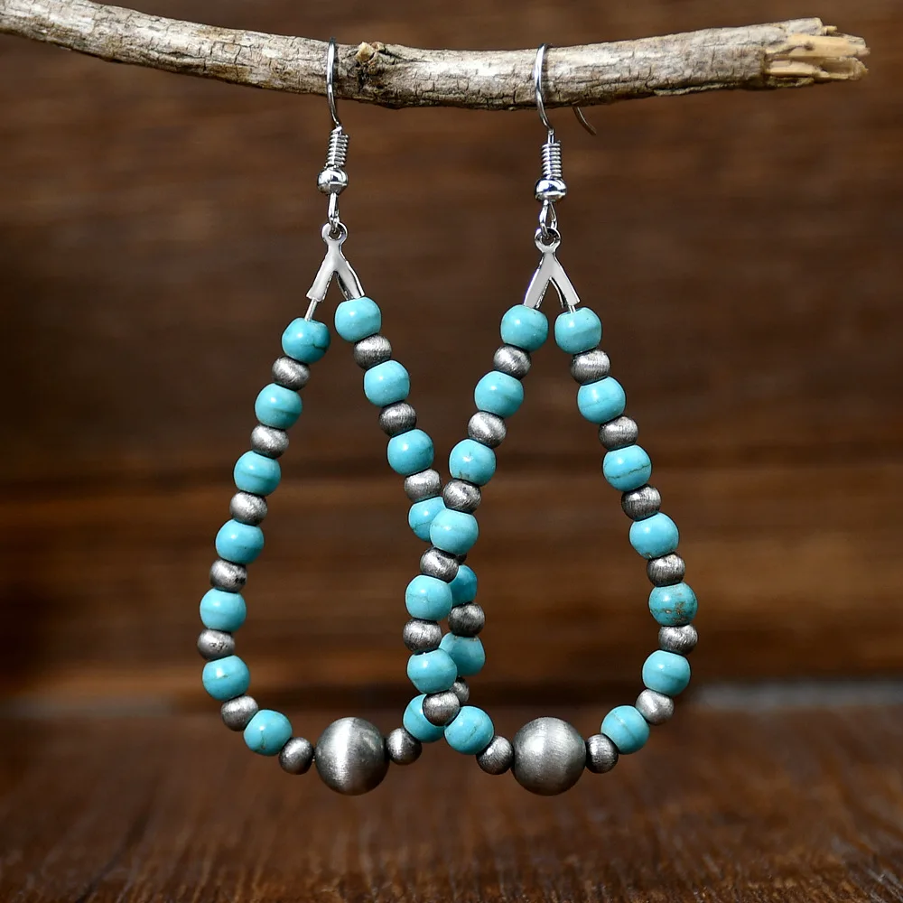 

Retro Alloy Turquoise CCB Beads Round Beaded Large Drop Shape Pendant Earring For Women Wholesale