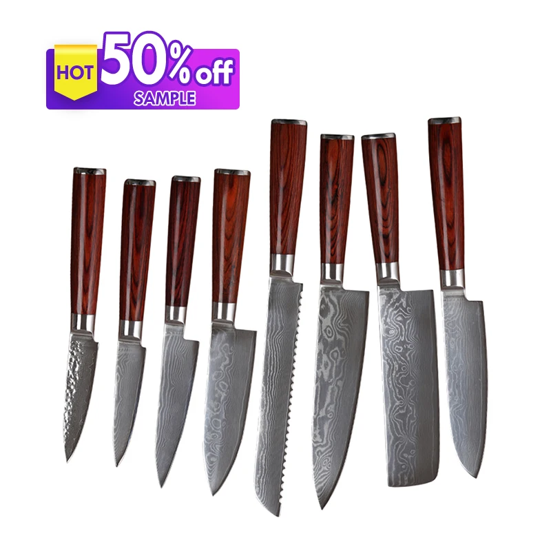 

Hot sale Luxury kitchen Damascus steel knife set Pakka wood 430 Handle 7 pcs Kitchen utility knife set kitchen knives