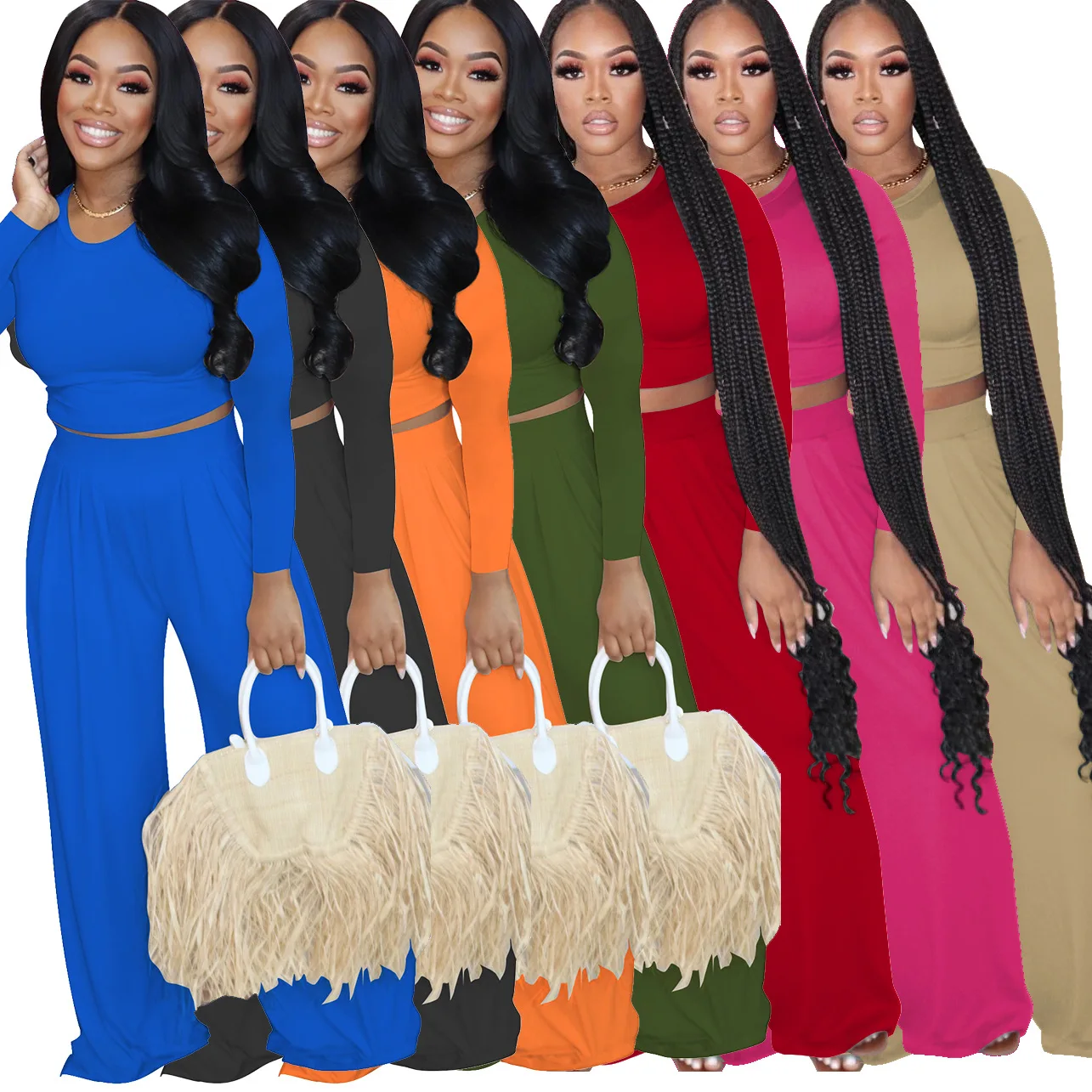 

Stock Two-piece casual women's solid color long-sleeved bucket pants plus size 2 piece set women clothing