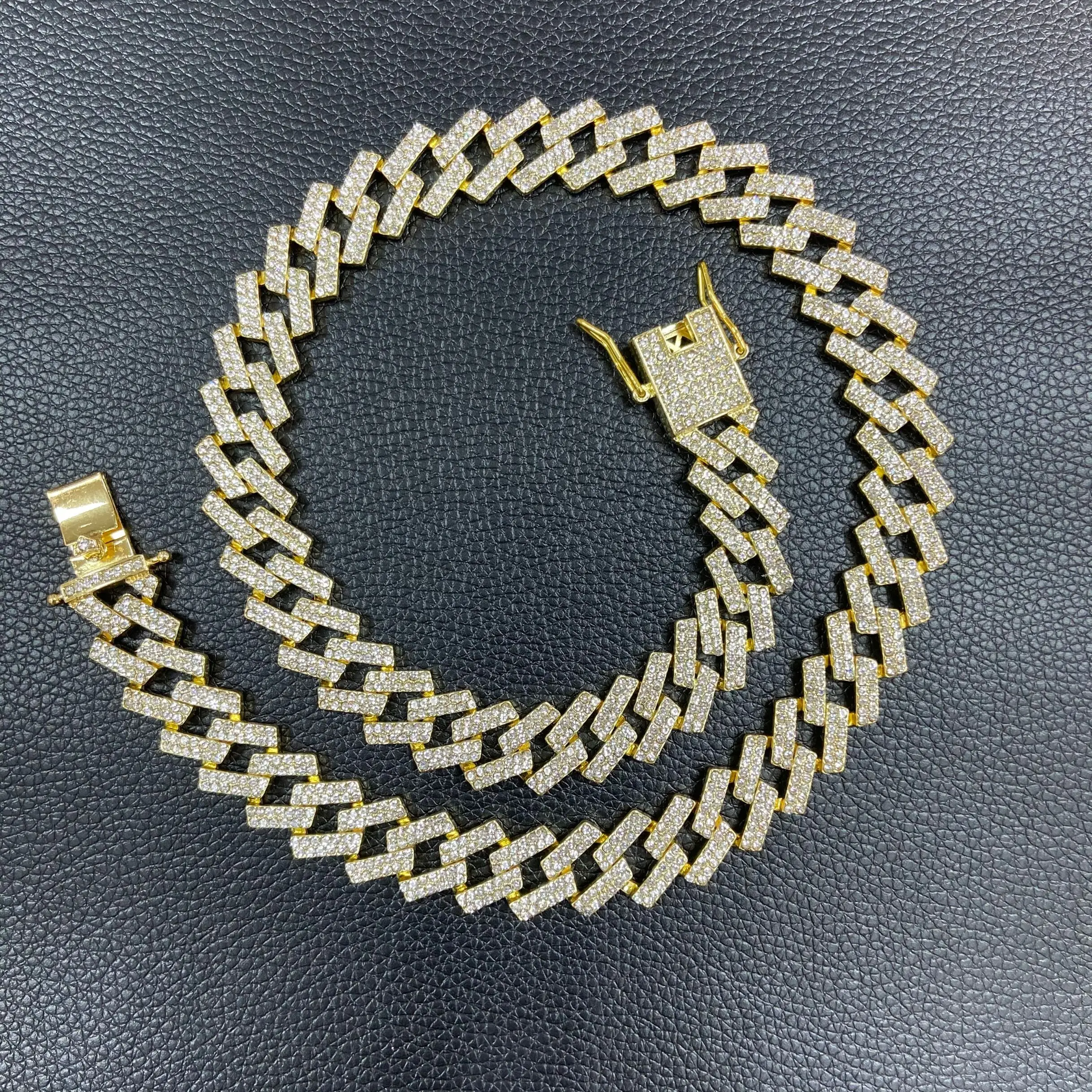 

Ready Stock Wholesale 15 Mm Diamond Choker Jewelry Hip hop Plated 24 K Gold Iced Out Cuban Link Chain Necklace, Gold/silver color