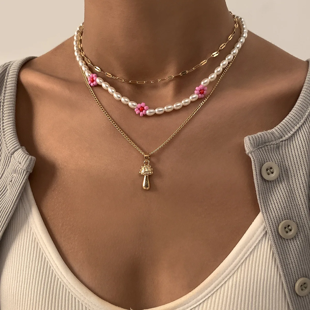 

NK-1101 Bohemian Cute Choker Necklace for Women Mushroom Pendants Statement Chain Necklace Layered Jewelry Gift, As show picture