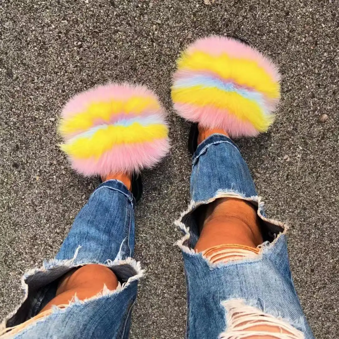 

Wholesale 1 pair custom logo fluffy real fox raccoon fur slipper furry fur slides for women, Color matching or can be customized according to requirements