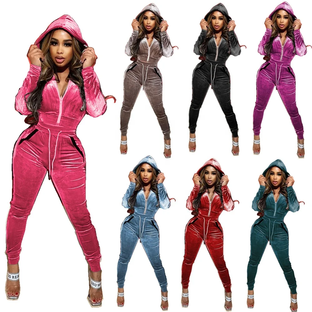 

2021 Autumn Fashion Solid Color Long Sleeve Casual Drawstring Zipper Velvet Hoodie Jogger Set Tracksuit 2 Two Piece Pants Set