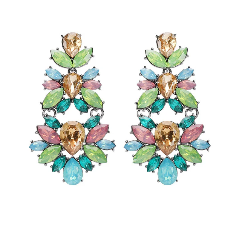 

Hot Selling Colorful Gem Stone Crystal Rhinestone Dangle Earrings Multilayer Flower Drop Earrings For Bride