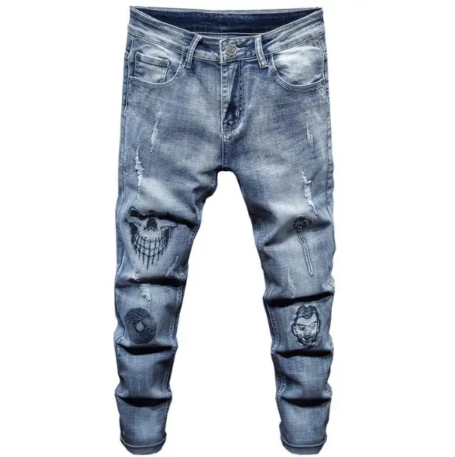 

Hot sale customized Europe biker men jean pants hip hop washed straight men's jeans slim fit 8506