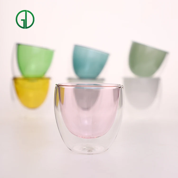 

colored High Borosilicate glass double wall glass cup coffee mugs, Clear blue green teal yellow amber pink purple opaque black etc