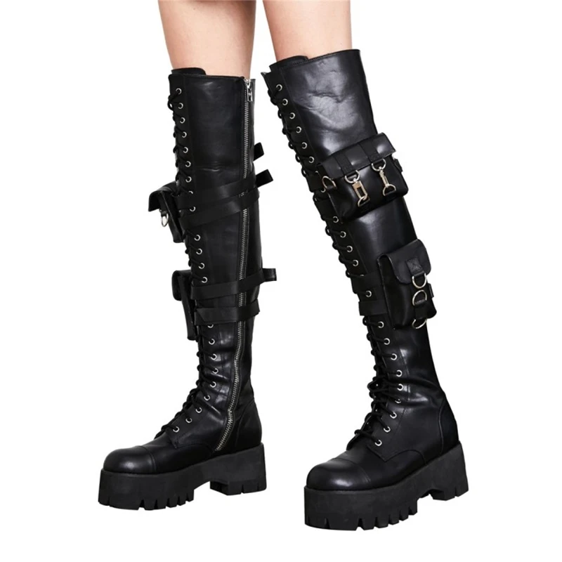 

Fashion Women Lace Up Pockets Decor Anti-slip Sole Over Knee High Boots Side Zip Microfiber Upper Boots Big Size 45, Black, apricot,gray