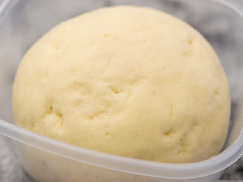 Bread dough showing perfect rise with bubbles in clear container