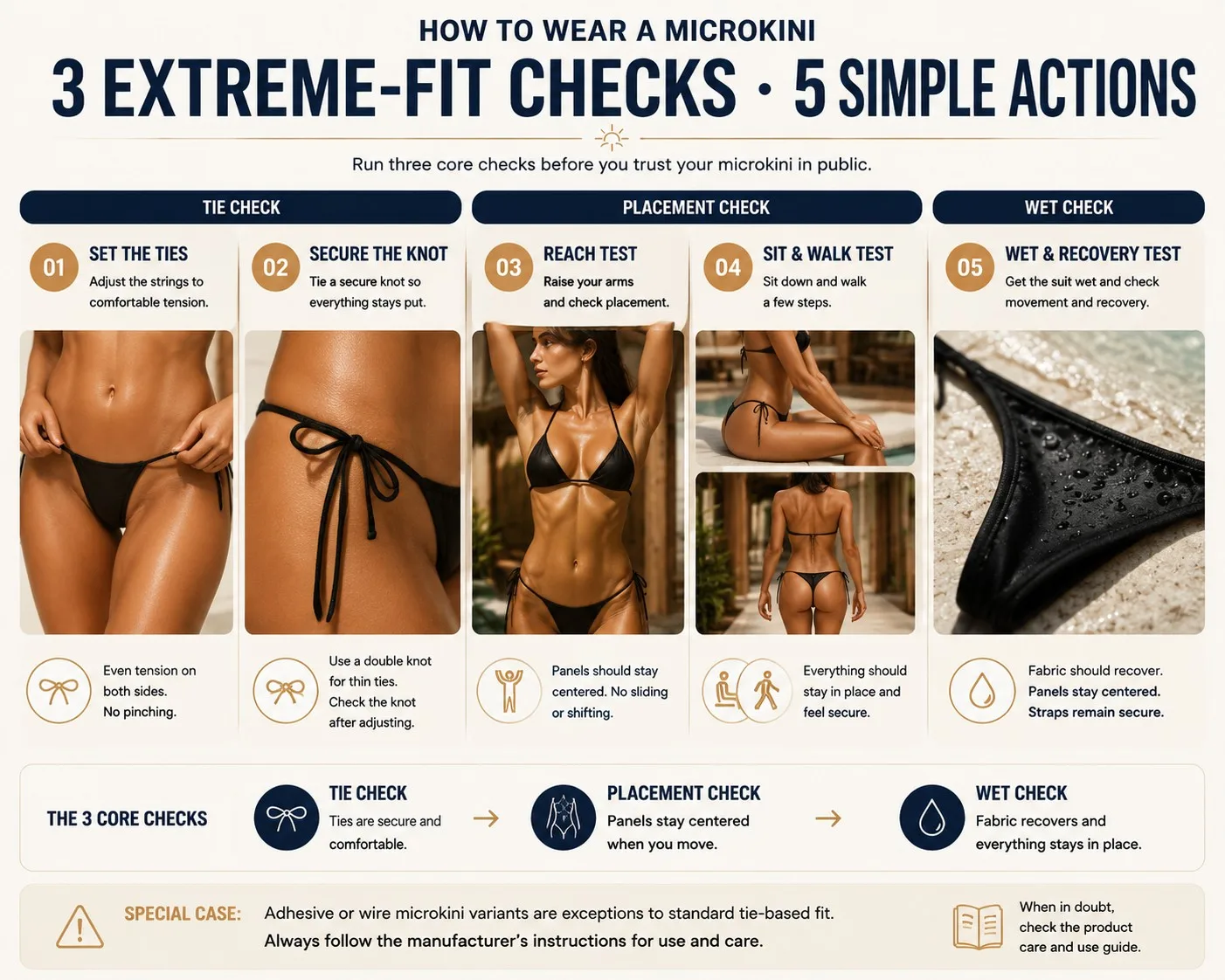 Five-step microkini fit routine covering ties, placement, movement, wet fit and final comfort