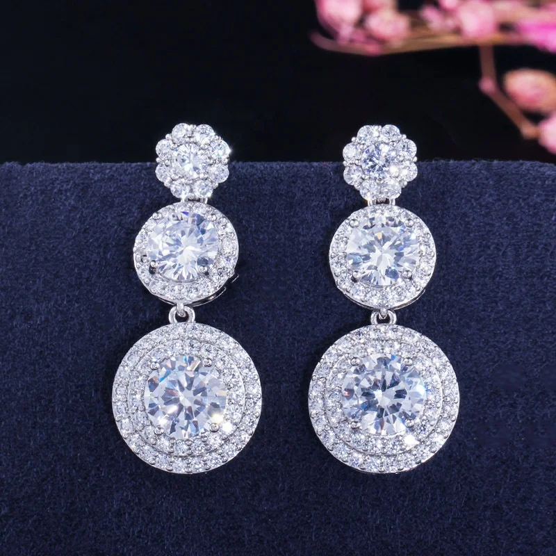 

Fashion Round Cubic Zircon Stone Drop No Pierced Hole Ear Clip On Earrings Women Silver Color Jewelry, Picture shows