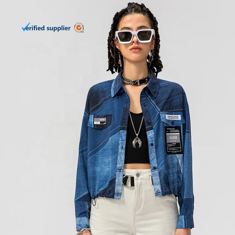 

Lapel Long Sleeve Women Tops Solid High Waist Patchwork Bag Denim Blouses Female Ladies short women's shirt