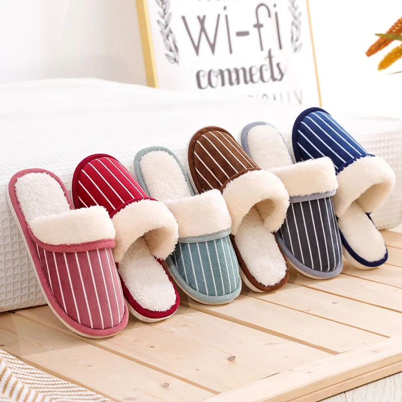 
Stripe Soft Plush Home Slippers Indoor Cotton Shoes Winter Floor Warm Furry Slippers For Women And Men 