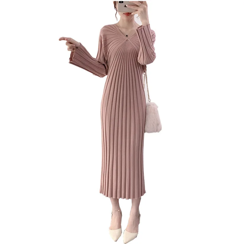 

Clothing wholesale Women's Knitted Dress Over Knee Long Preppy Solid Color sexy Sweater Dress Women