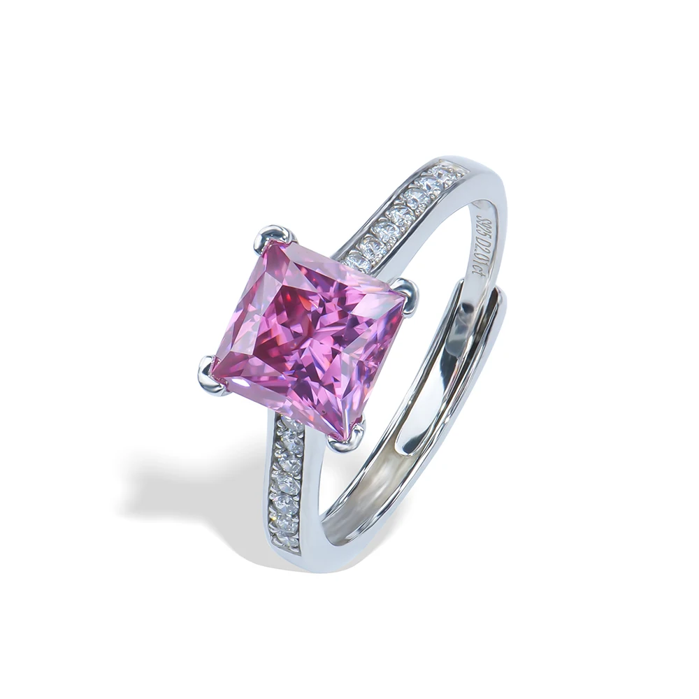 Unique 925 Sterling Silver Fine Jewelry Pink Princess Shape 2ct 7*7mm Moissanite Diamond Adjustable Size Engagement Ring