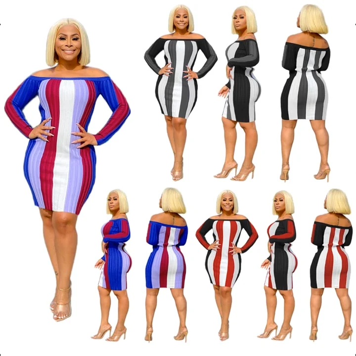

2020 Fall Fashion Print Plus Size Short Dresses Off Shoulder Dresses Women Plus Size Sexy Stripes Dresses