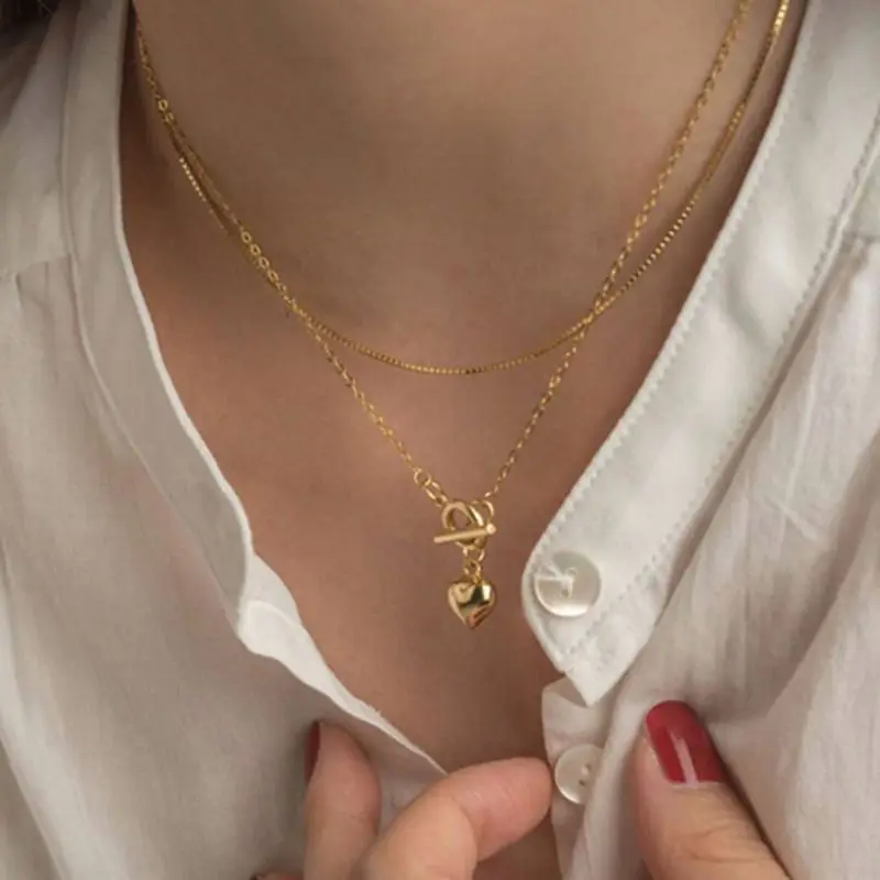 

Women Jewelry Wholesale Dainty Stainless Steel Gold Plated Shiny Love Heart Pendant Necklace Chain Toggle Necklace