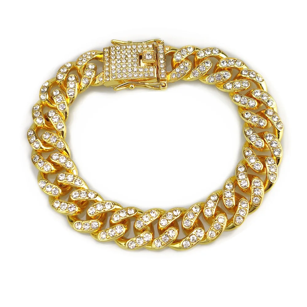 

New style trendy full diamond single row bracelet jewelry hip hop bracelets cuban link bracelets, Gold,silver