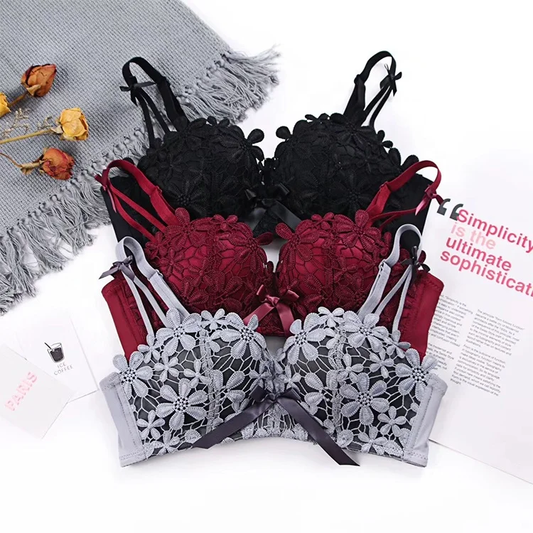 

1911 Women Push Up Fashion Ladies Sexy Half Cup Bras Romantic Cherry Blossoms Embroidery Lace Bra, 3 colors: red, gray, black
