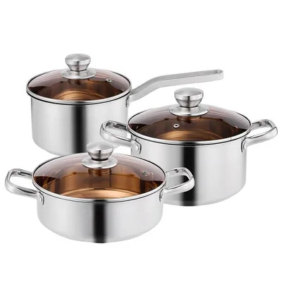 

Three Piece Thickened Cookware Gift Pot Set Home Kitchen Milk Pot Soup Pot Wok Combination Stainless Steel Cookware Set