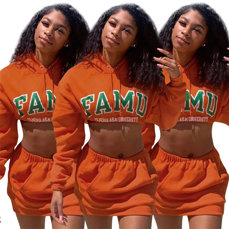 

New Letter Print Crop Hoodie And Kangaroo Pocket Short Skirt Set Orange Casual Skirt Two Piece Set Women, As picture