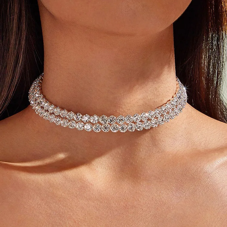 

Fashion Double Layers Tennis Chain Rhinestone Choker Necklace Shiny Full Diamond Necklaces Jewelry Women Wedding