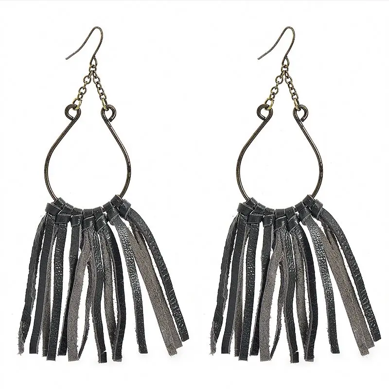 

Boho style leather tassel earrings women water drop geometric shape hanging dangle earrings ethnic jewelry, Bronze
