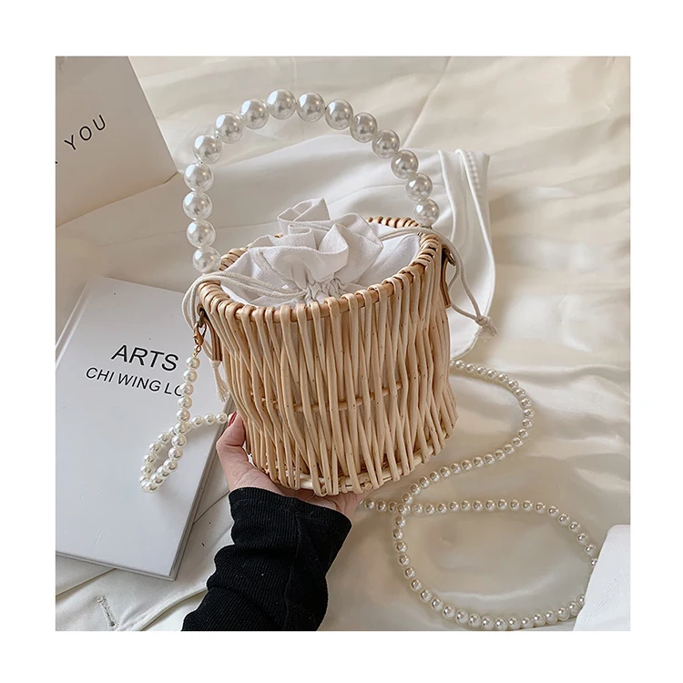 

Summer Rattan Bags For Women Fashion Pearl Handle Beach Straw Hand Bags Crossbody Bags Ladies Holiday Small Bucket Tote Purses