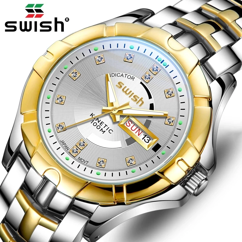 

SWISH 5204 presidential golden gents quartz watch hot sale steel Strap water resist calender Simple sports watch supplier