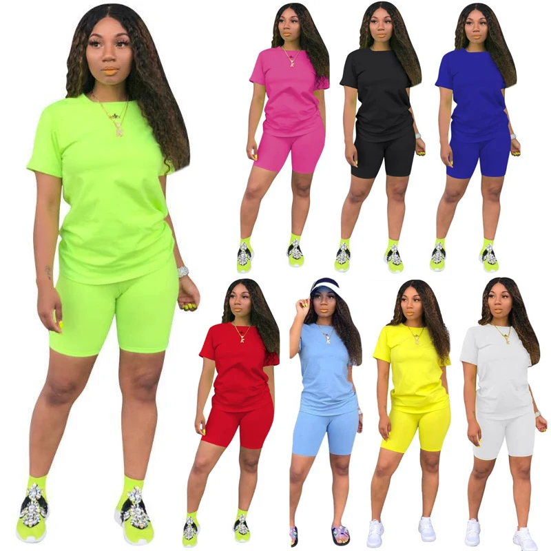 

wholesale custom Women Clothing 2 Piece Sets Short Sleeves Neon Two Pieces pant Set Casual 2 Piece Women Outfit