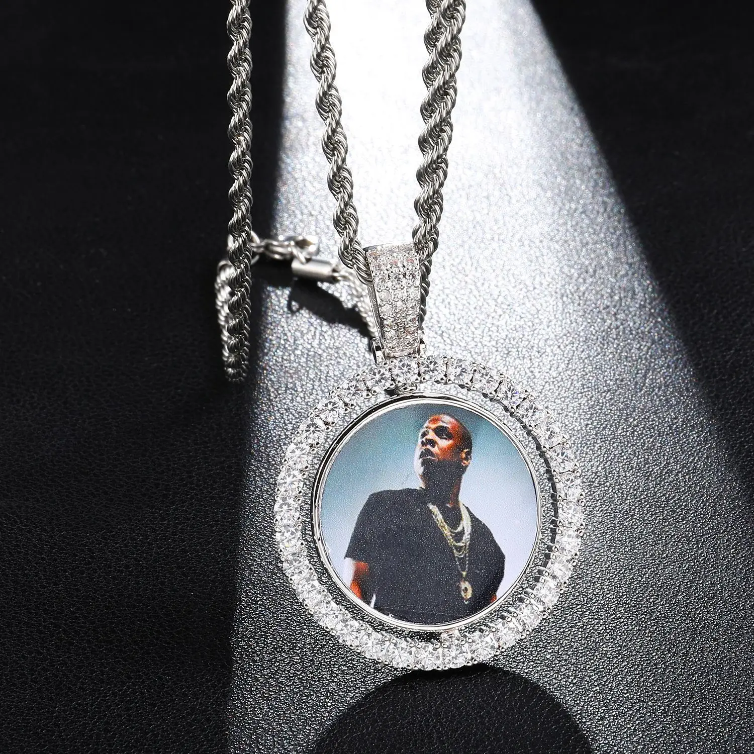 

Hip Hop Custom Made Photo Round Rotating Double-sided Iced Out Bling Cubic Zircon Necklace&Pendant For Men Jewelry Tennis Chain