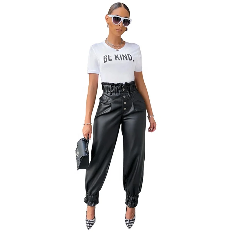 

2021 Fashion Dressy High Waist Black PU Faux Leather Pants For Women