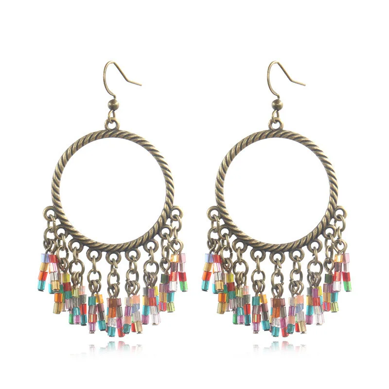 

Fashionable Boho Handmade Beaded Hoop Tassel Earrings Colorful Rice Beads Women Jewelry Earrings