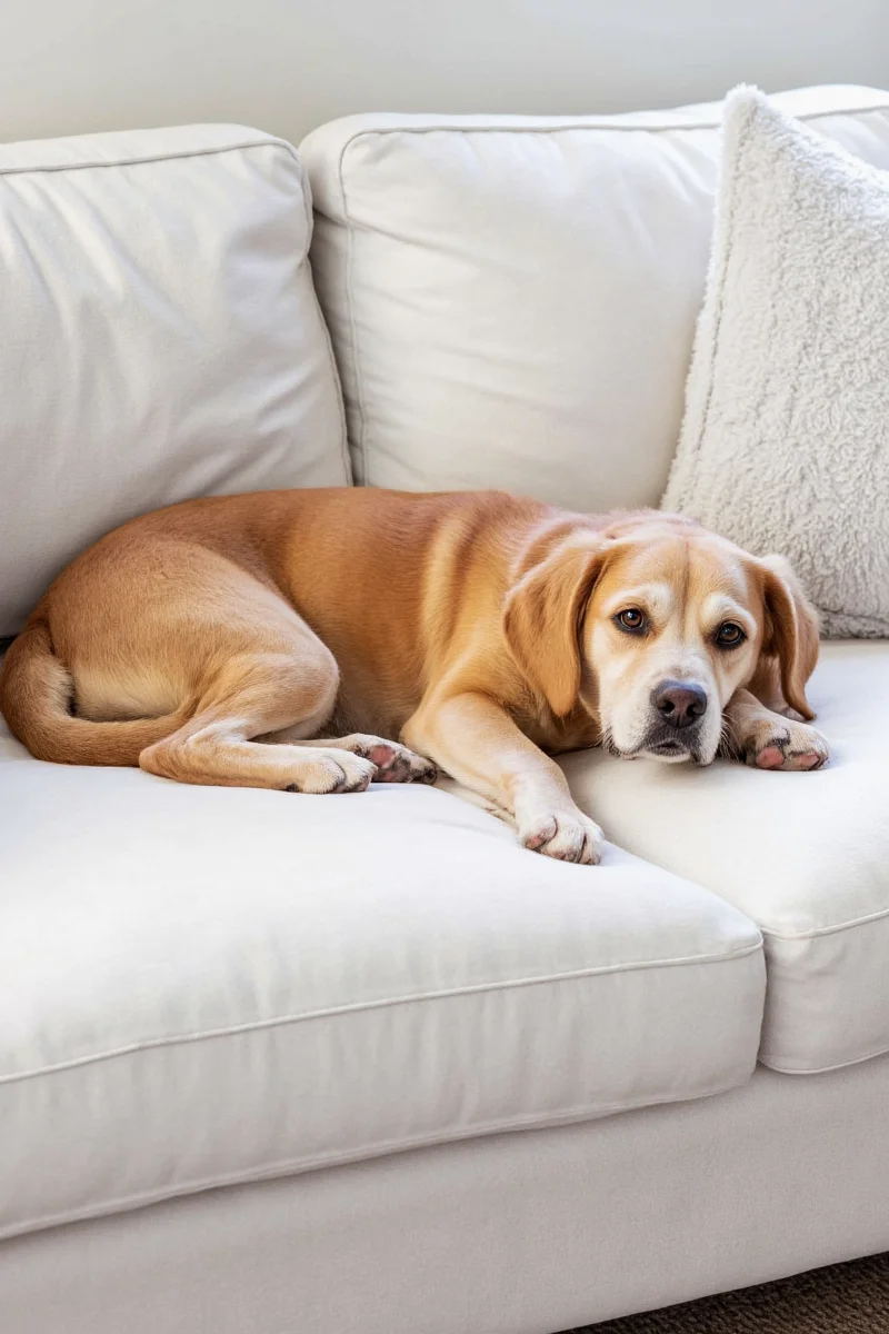 A muted gray wool blend slipcover draped casually yet neatly over a sleek sofa.